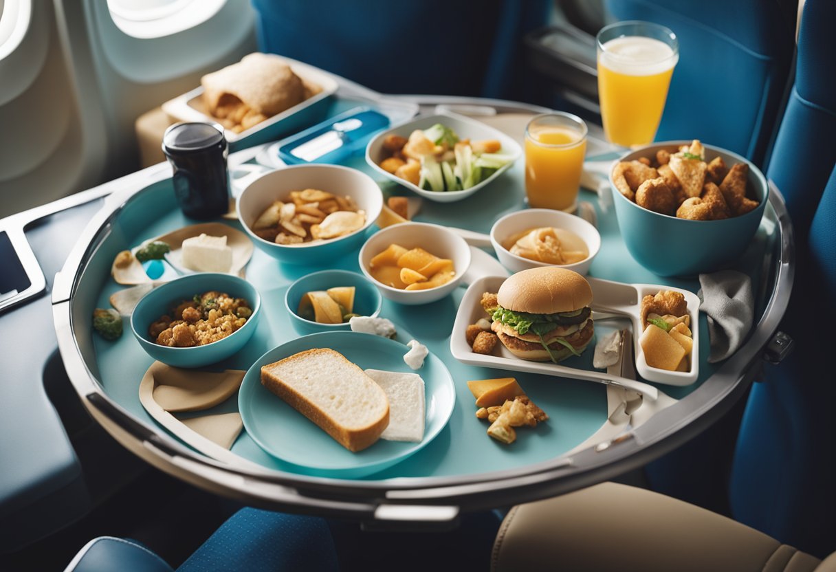 Children's travel activities spread out on a tray table in an airplane seat