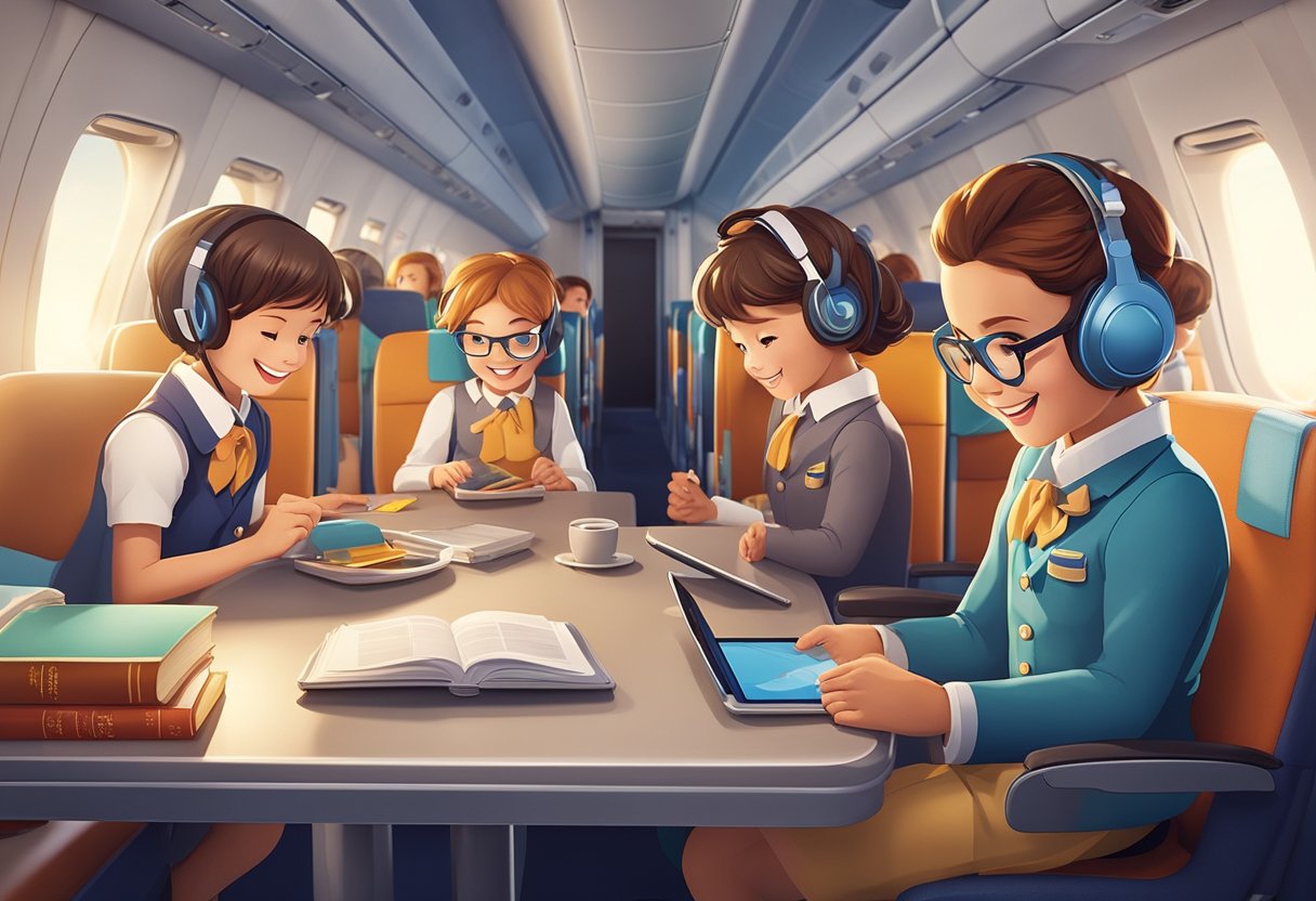 Children using technology on a plane, with headphones and tablets. Books and coloring supplies on the tray table. Smiling flight attendants in the background