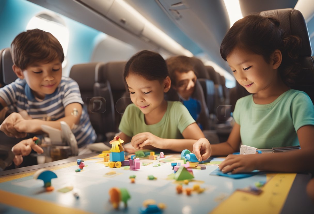 Children engaged in various creative activities on an airplane, such as drawing, coloring, and playing with small toys, while their parents watch over them