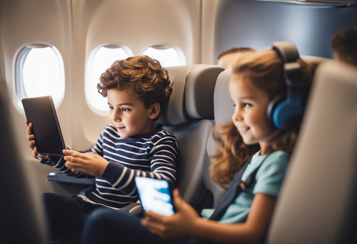 Children playing with toys and watching movies on a tablet while seated on a plane