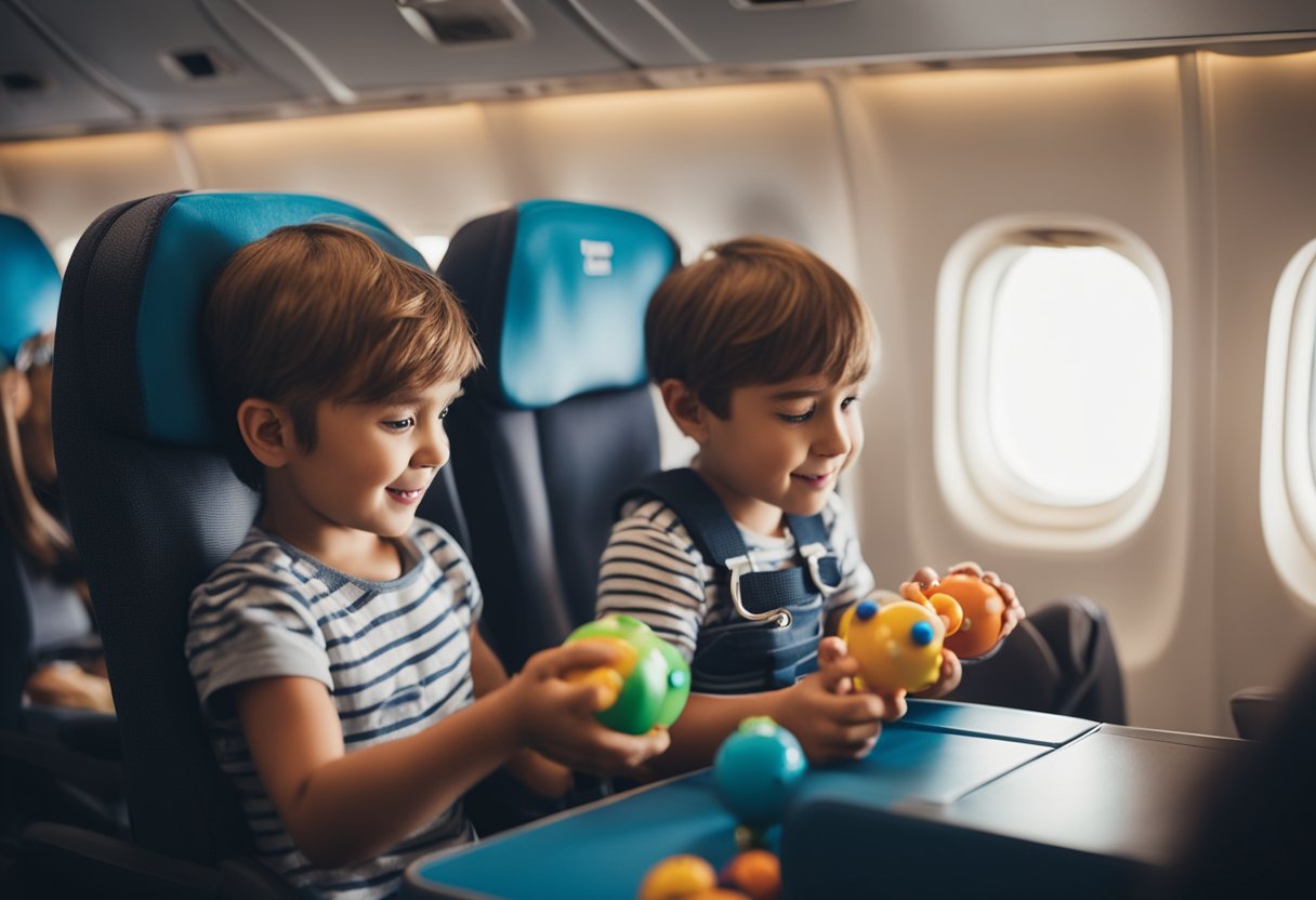 Children playing and interacting with toys and games while seated on a plane, staying entertained during the flight