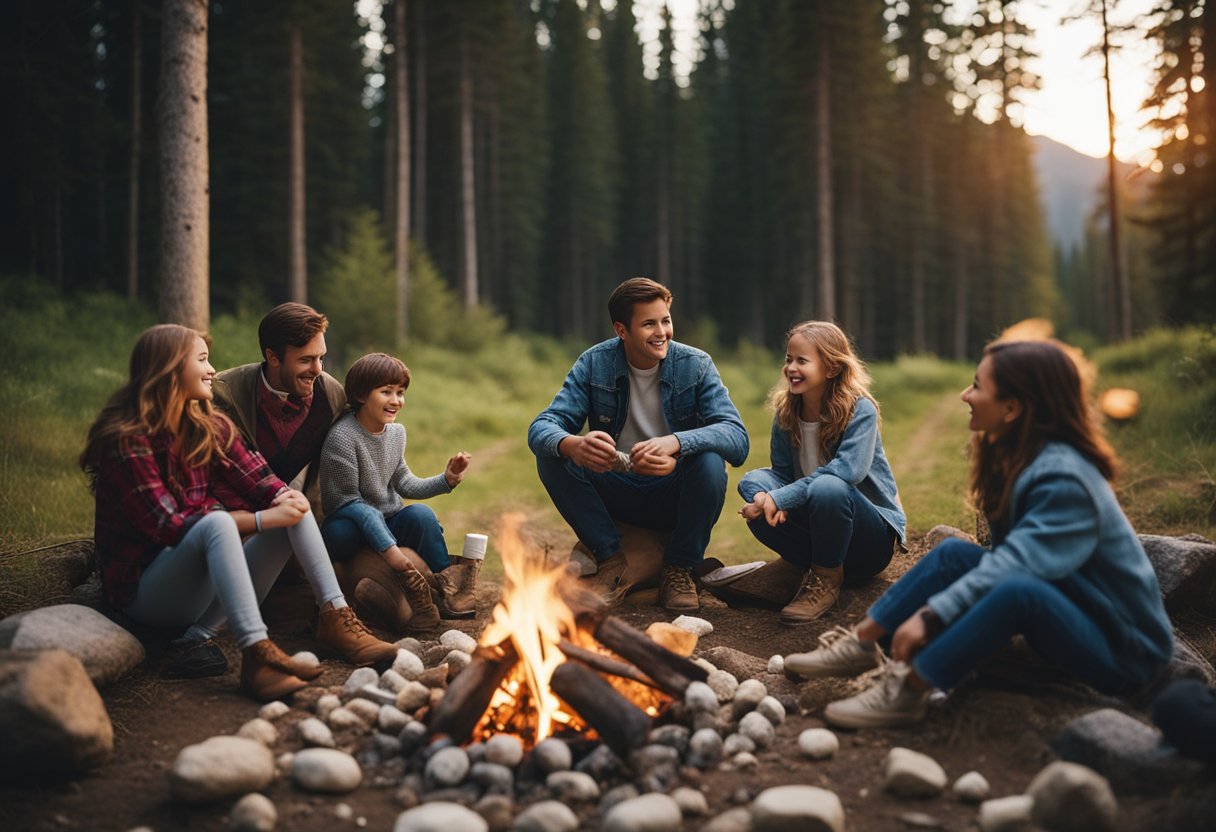 A family sitting around a campfire, roasting marshmallows and playing games at a scenic outdoor destination