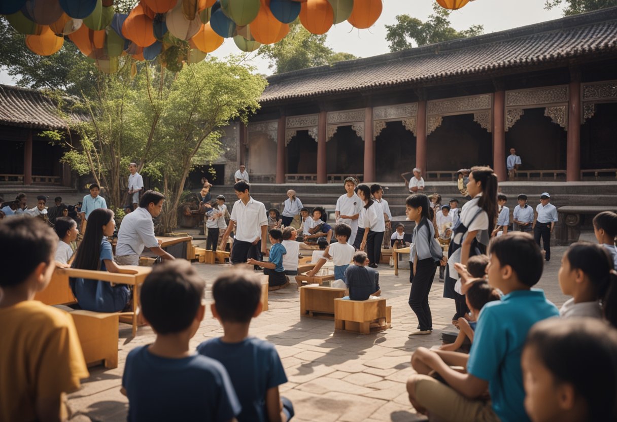 Cultural and educational activities in a tourist destination, with families participating in various events and workshops