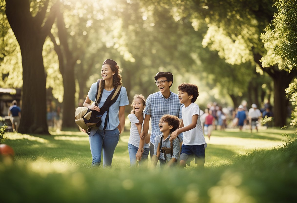 A family enjoys outdoor activities at a tourist destination, with laughter and excitement filling the air