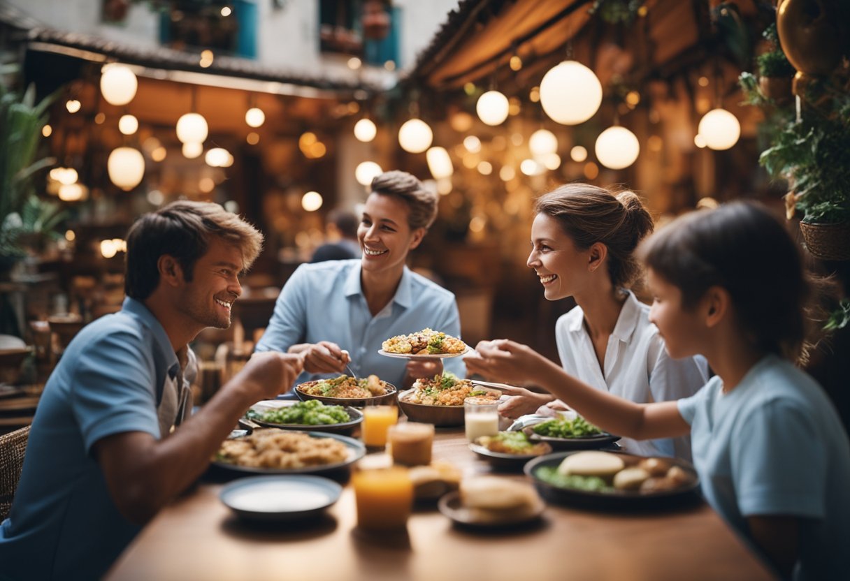 A family enjoying a culinary experience in a vibrant tourist destination, surrounded by local gastronomy and cultural activities