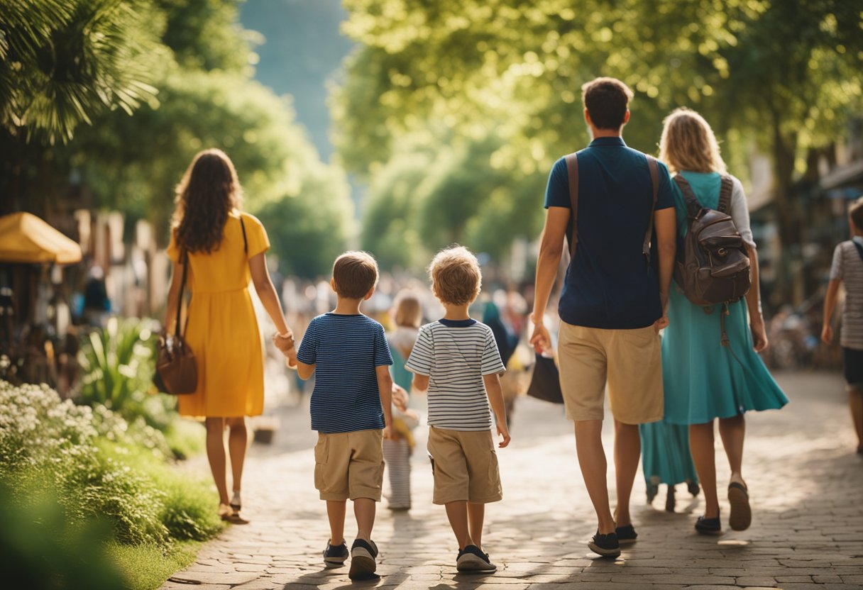 A family explores a vibrant tourist destination, engaging in various activities together