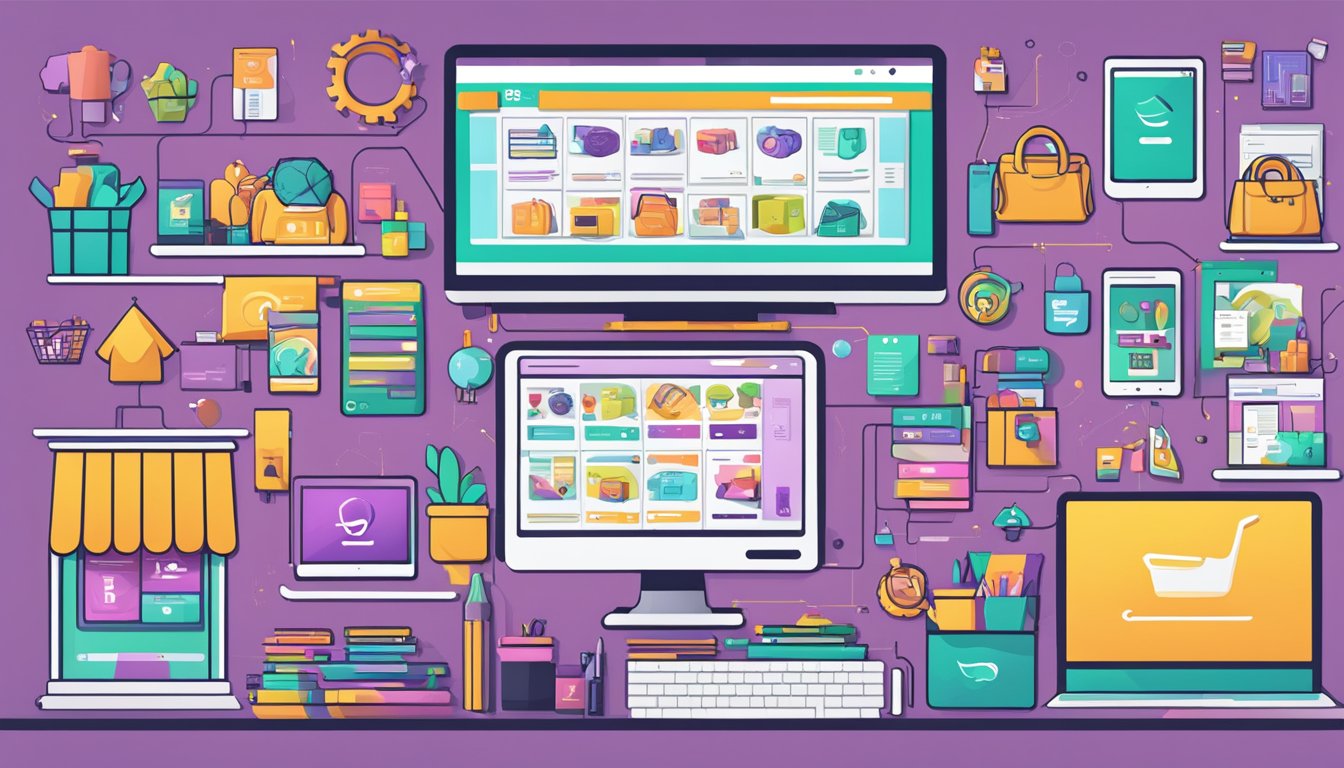 A vibrant digital marketplace with various WooCommerce extensions and themes displayed on a computer screen