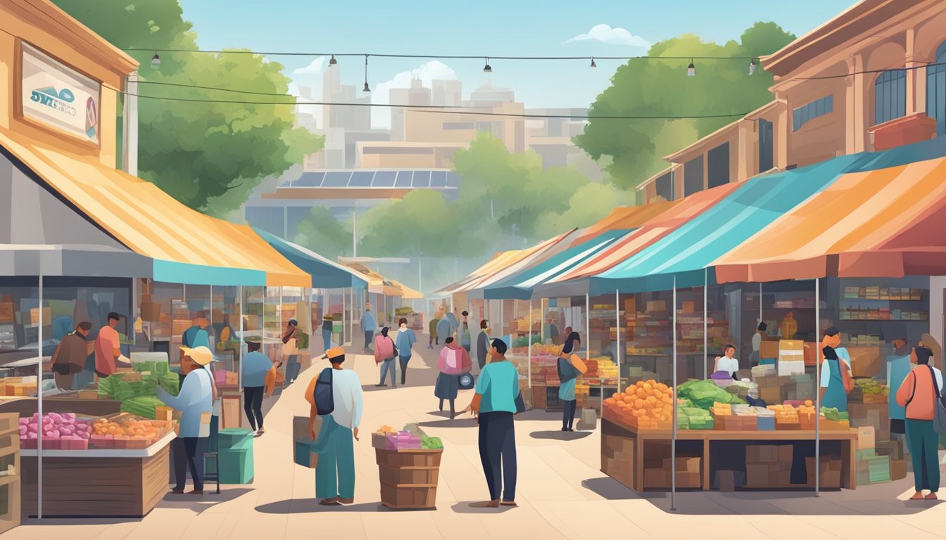 A busy marketplace with vendors selling goods, and a background service station with people browsing and making purchases