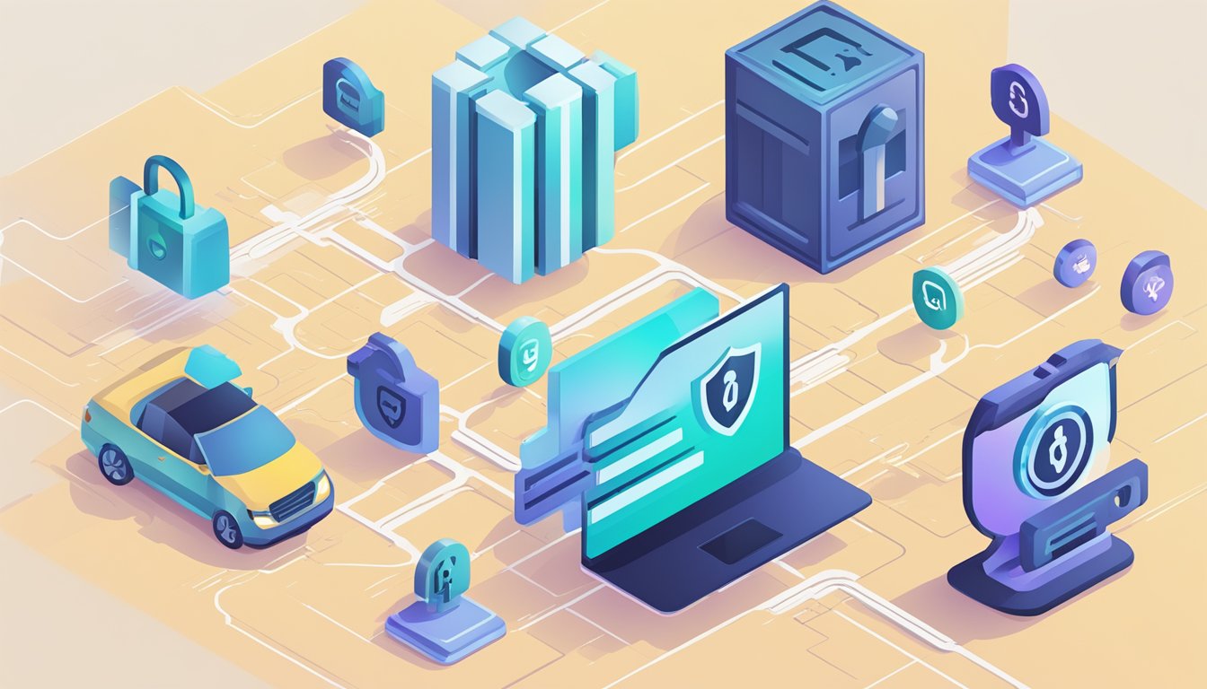 A secure and efficient woocommerce platform with lock and key symbols, fast speed lines, and a sturdy foundation