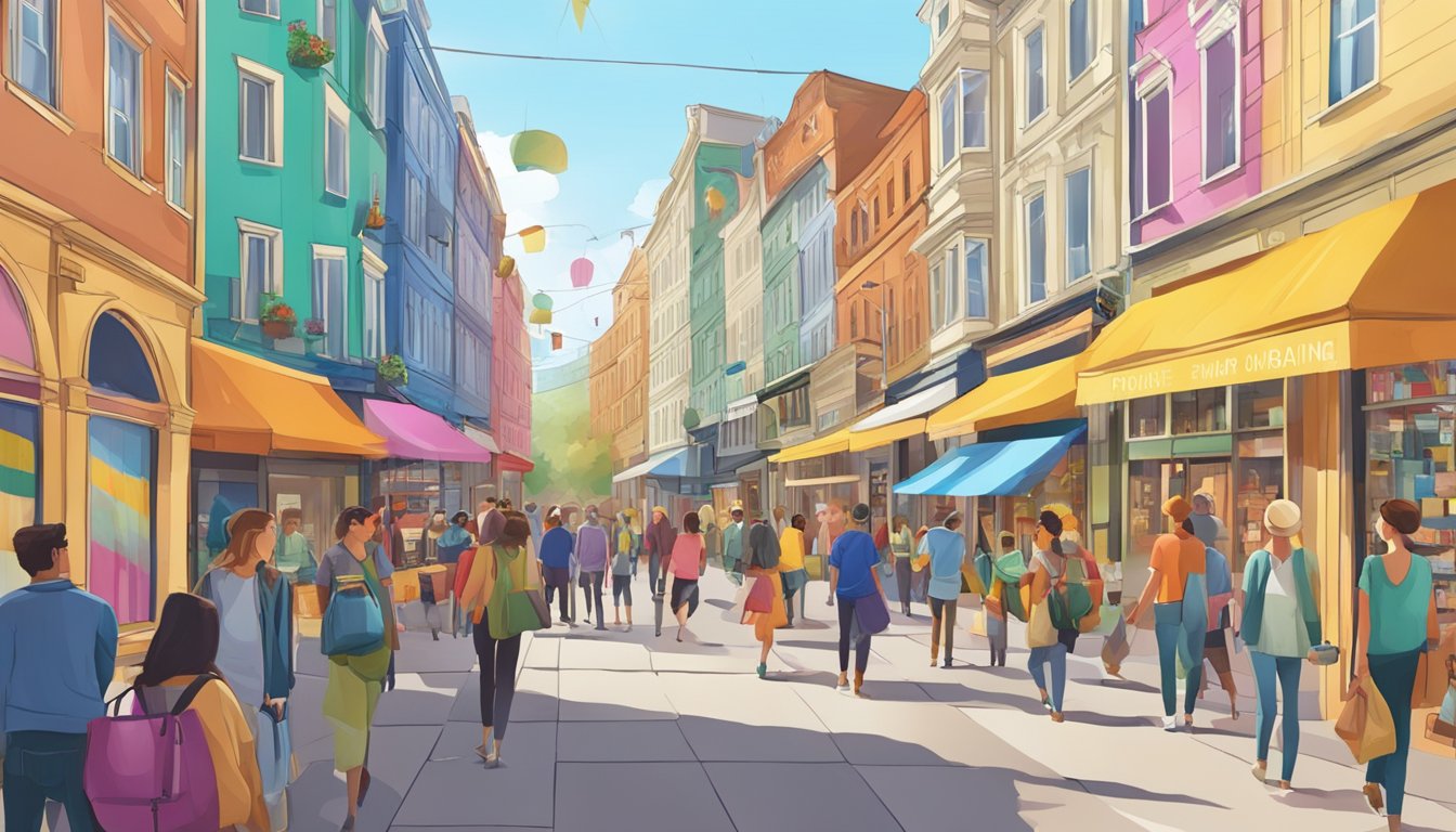 A busy shopping street with colorful storefronts and people browsing