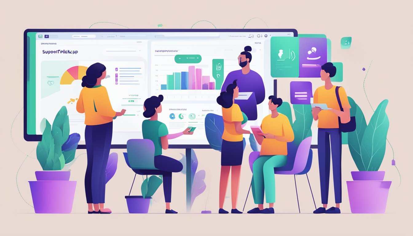 A group of diverse people gather around a digital screen displaying the "Support og Fellesskap woocommerce" logo, engaged in discussion and collaboration