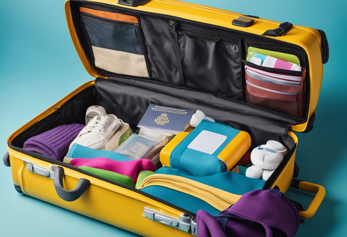 A colorful suitcase open on the floor, filled with children's essentials like clothes, toys, and a passport. A checklist with items like sunscreen and snacks is taped to the side