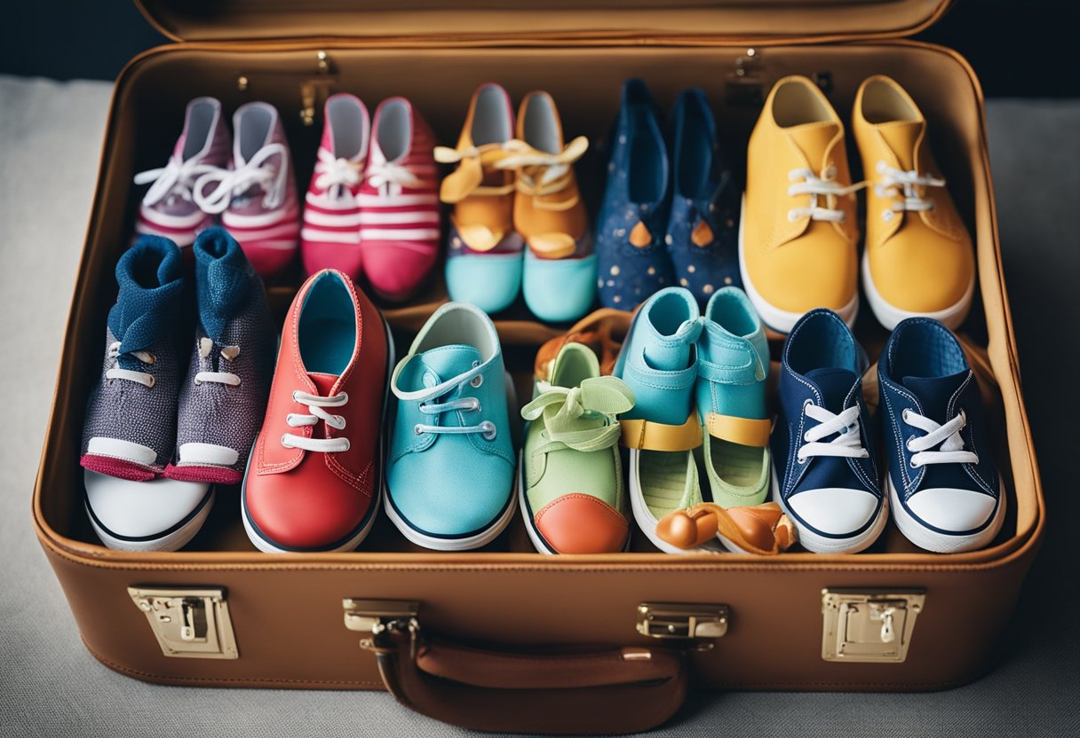 Colorful children's clothing and shoes packed neatly in a suitcase