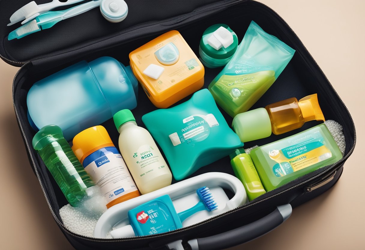 A suitcase filled with hygiene products for children, including toothbrush, toothpaste, shampoo, soap, and a first aid kit