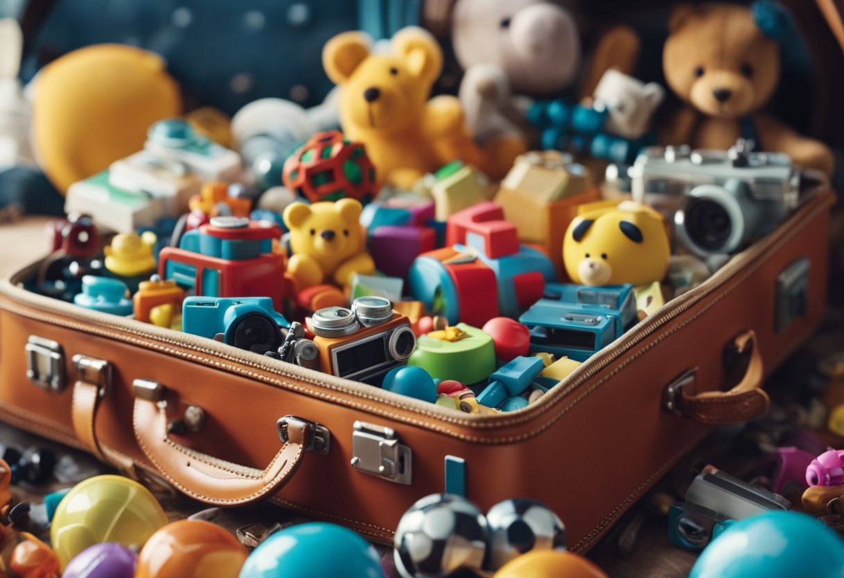 Colorful toys and entertainment items scattered in a child's open suitcase