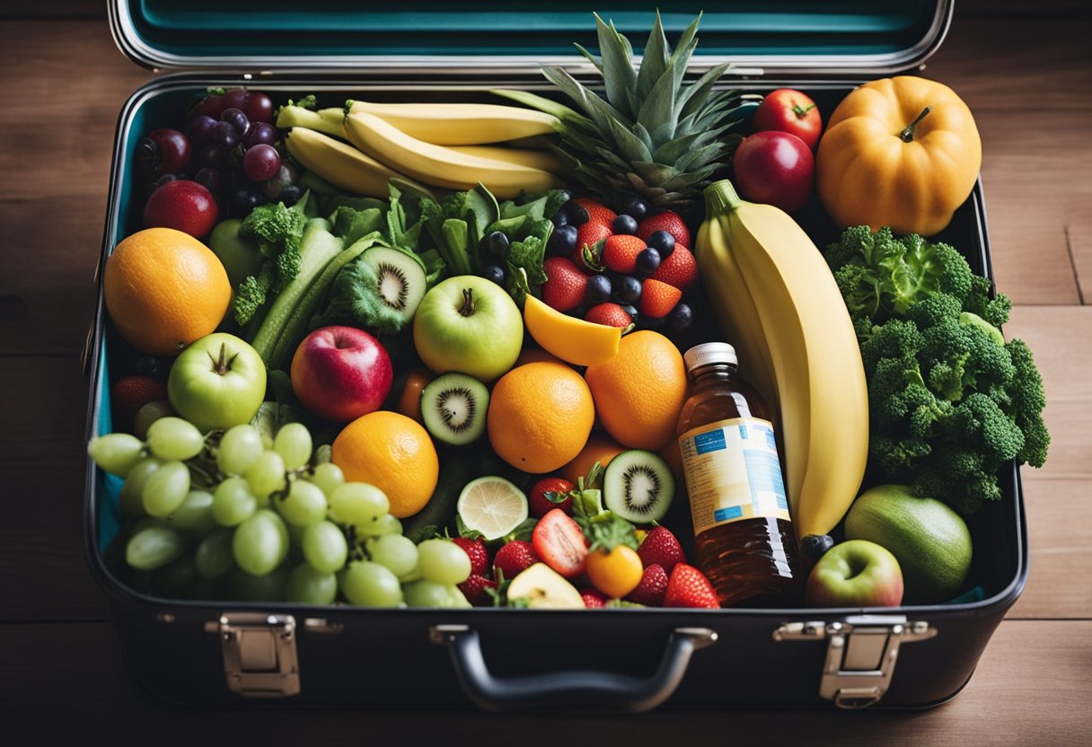 A suitcase filled with healthy snacks and water bottles, surrounded by colorful fruits and vegetables