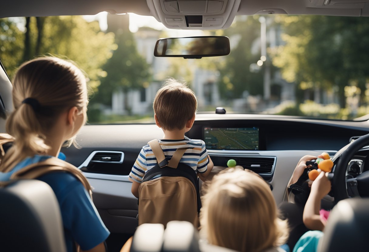 A family car packed with luggage, snacks, and children's toys. A map and GPS on the dashboard. Parents discussing the route while kids excitedly look out the window