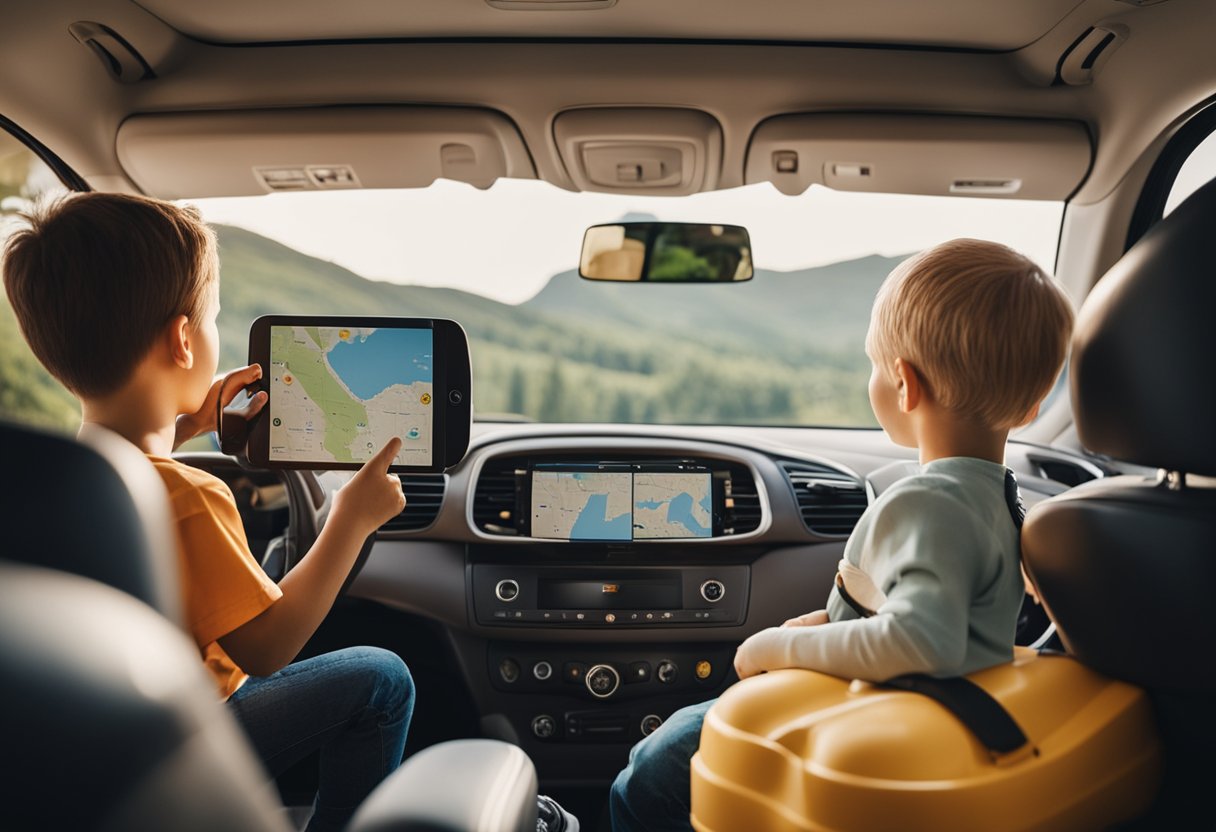 A family car loaded with suitcases, a map, and children's toys. Parents discussing the route while kids eagerly look out the window