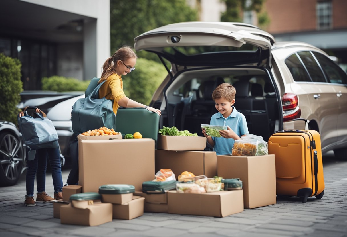 A family car is being loaded with suitcases, snacks, and toys. A map and GPS are on the dashboard. Children's car seats are being secured