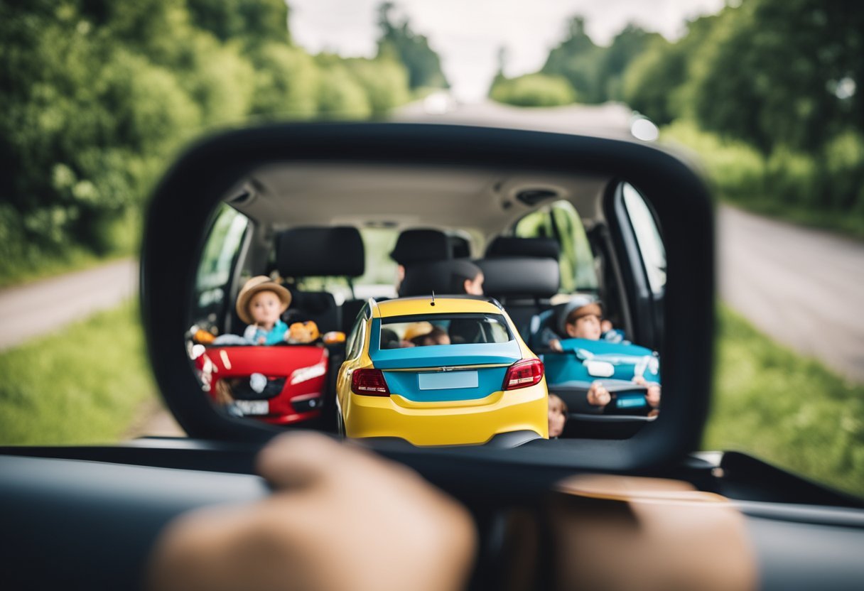 Children's Safety: A family car packed with luggage, car seats, and toys. Parents checking the rearview mirror, while a map and snacks are within reach