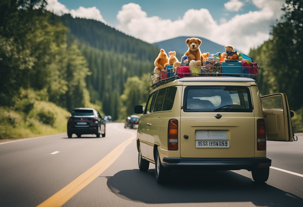 A family car loaded with luggage and children's toys, driving on a scenic road with rest stops and entertainment options along the way