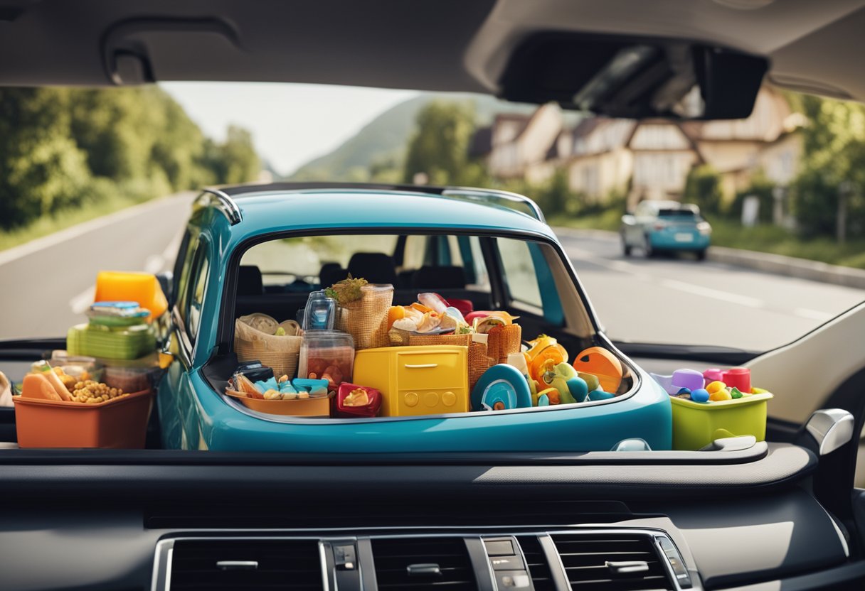 A family car packed with luggage and children's toys, a roadmap and snacks on the front seat, and a scenic road stretching out ahead