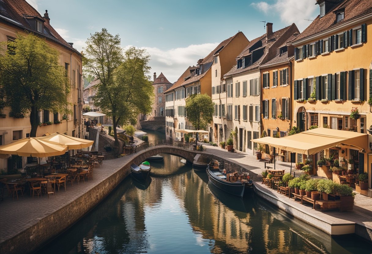 A charming European village with cobblestone streets, colorful buildings, and a romantic café with outdoor seating overlooking a picturesque canal