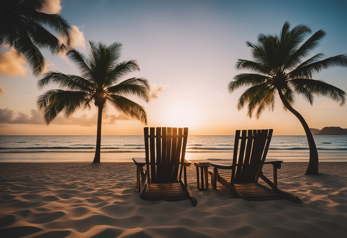 A serene beach at sunset with palm trees, a calm ocean, and a couple of beach chairs facing the water