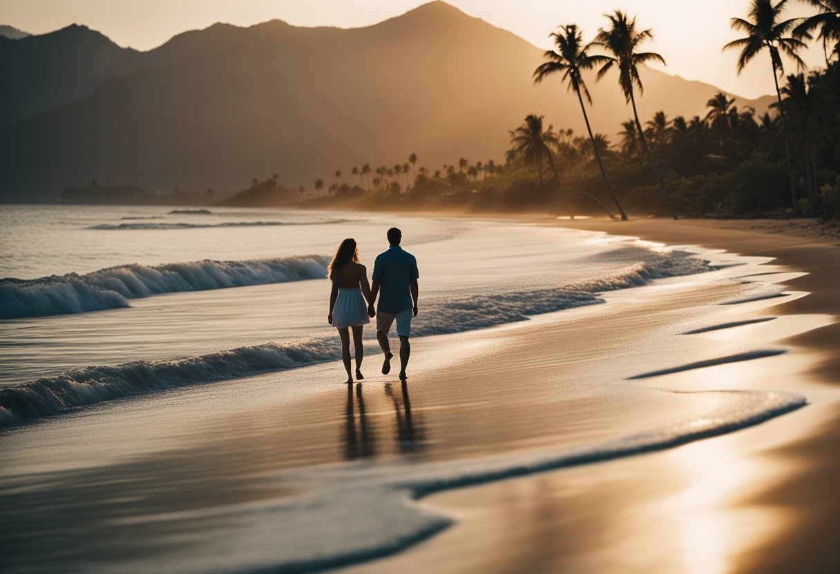 A couple walks along a secluded beach at sunset, with palm trees swaying in the warm breeze and mountains in the distance