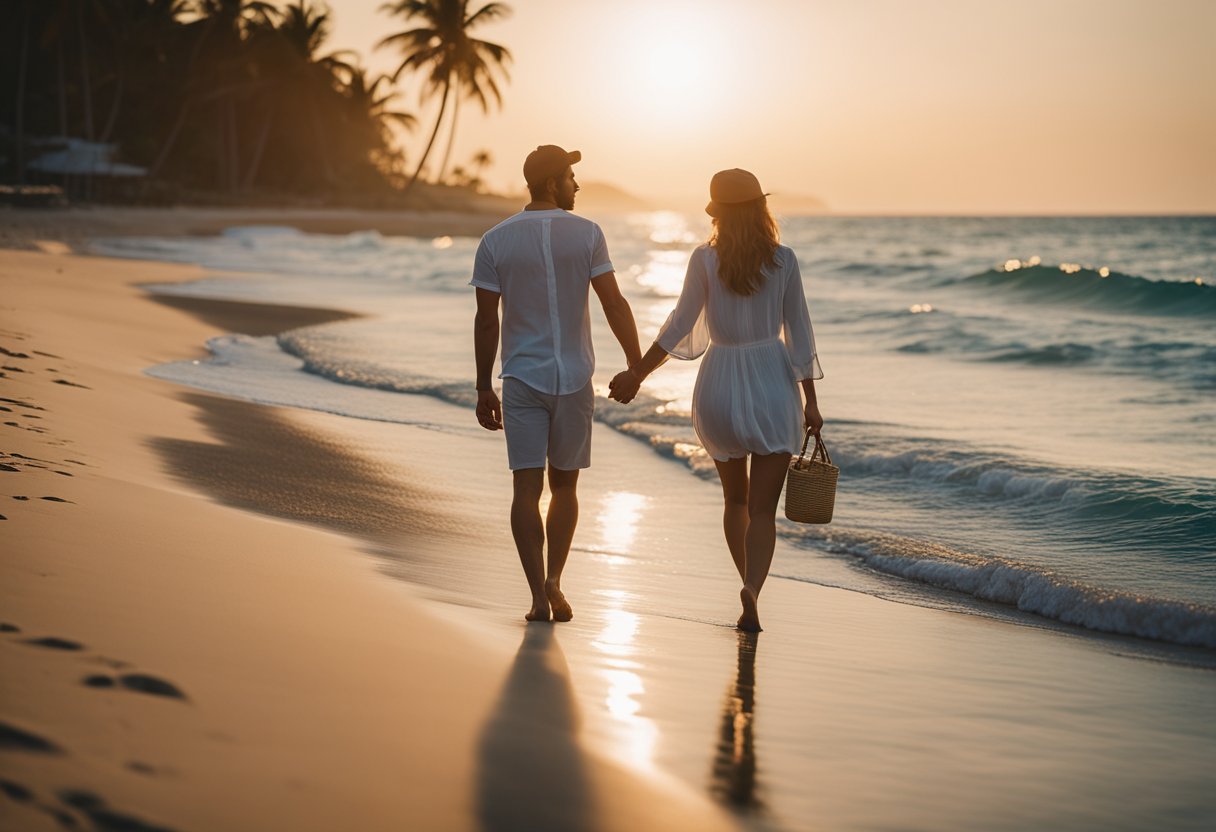 A couple strolling hand in hand on a secluded beach at sunset, with a backdrop of palm trees and a serene, crystal-clear ocean