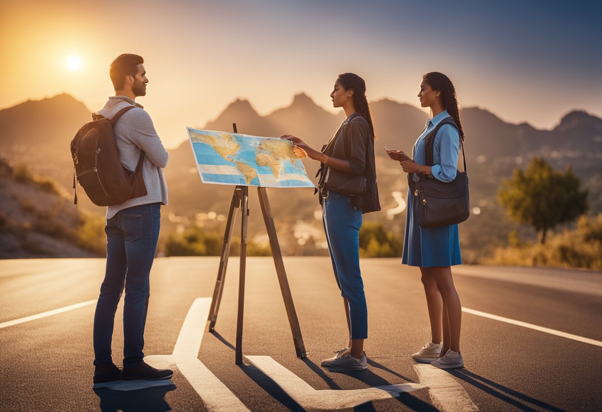 A couple standing at a crossroads, pondering over a map with various travel destinations. The sun is setting in the background, casting a warm glow over the scene