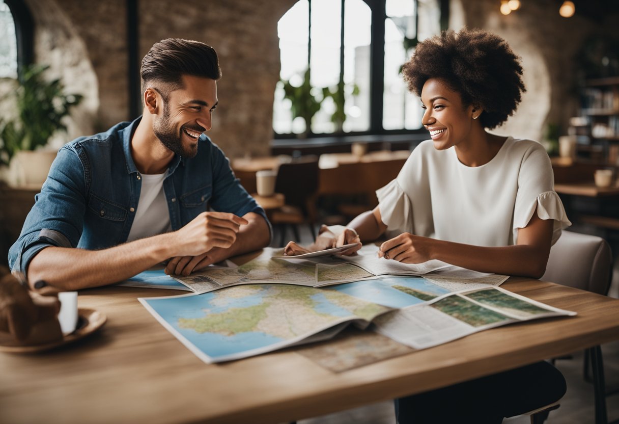 A couple sits at a table, surrounded by travel brochures and maps. They are smiling and pointing to different destinations, discussing their next romantic getaway