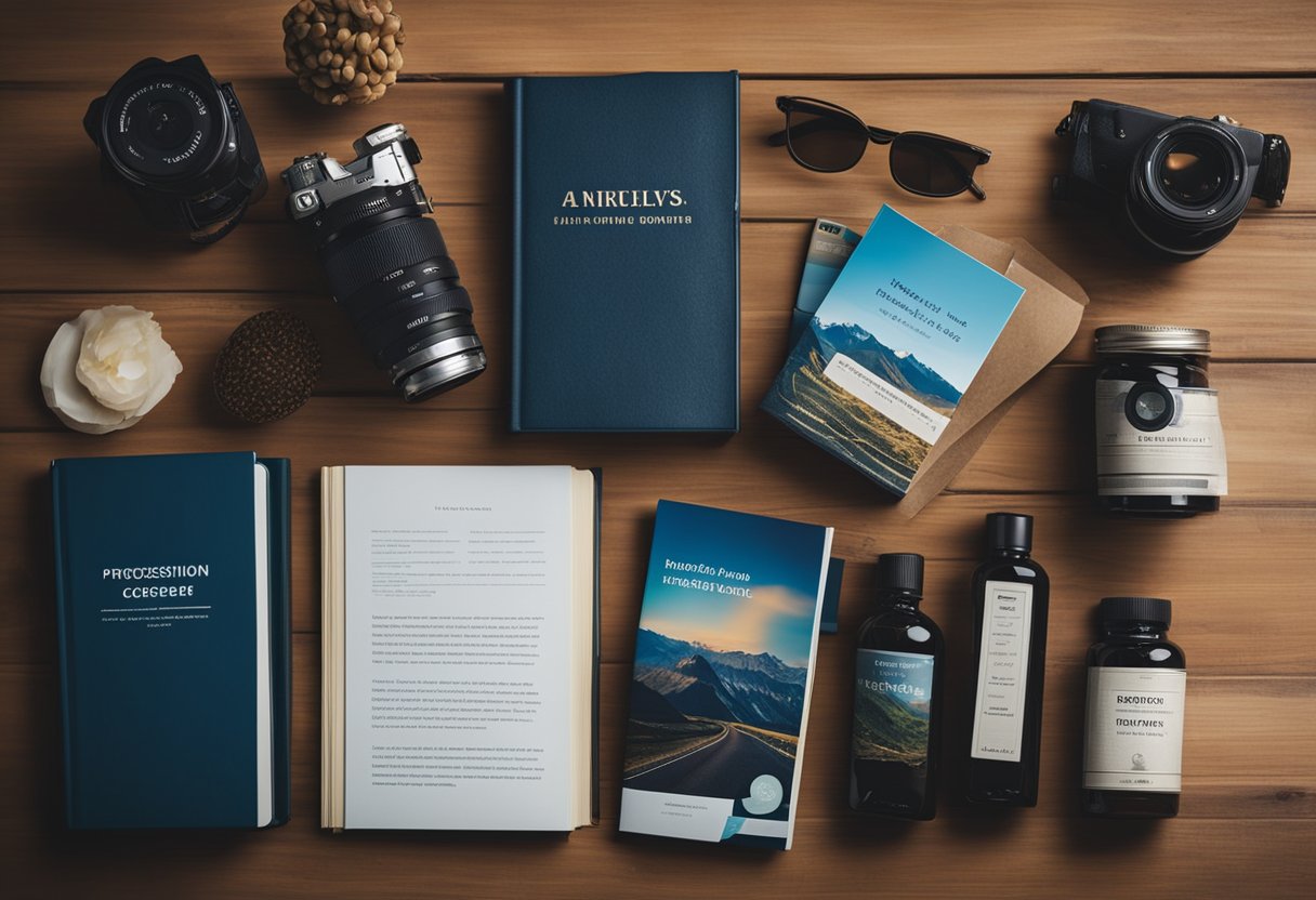 A couple's travel guidebooks and packaging supplies arranged on a table