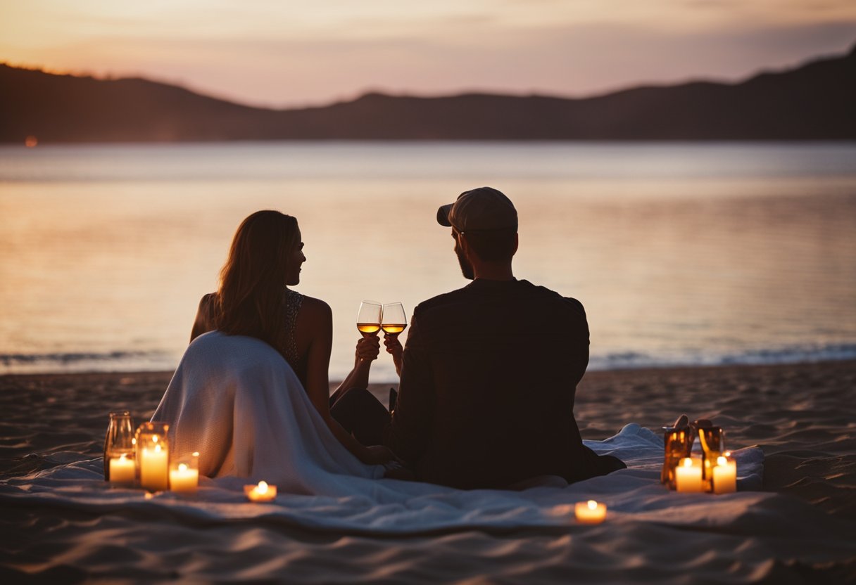 A couple sits on a secluded beach, watching the sunset over the ocean. A bottle of wine and two glasses sit on a blanket, surrounded by flickering candles