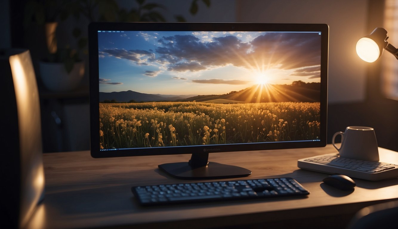 A soft, warm light bathes a computer screen, where a hand delicately manipulates a digital image, smoothing out imperfections with precise brush strokes