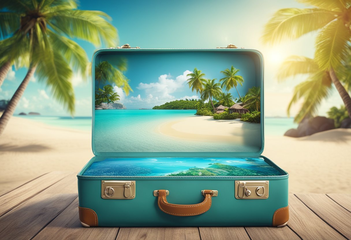 A map of a tropical destination with a heart-shaped island, surrounded by palm trees and a crystal-clear ocean. A suitcase is packed with beach essentials and a note with "Surprise Trip" written on it