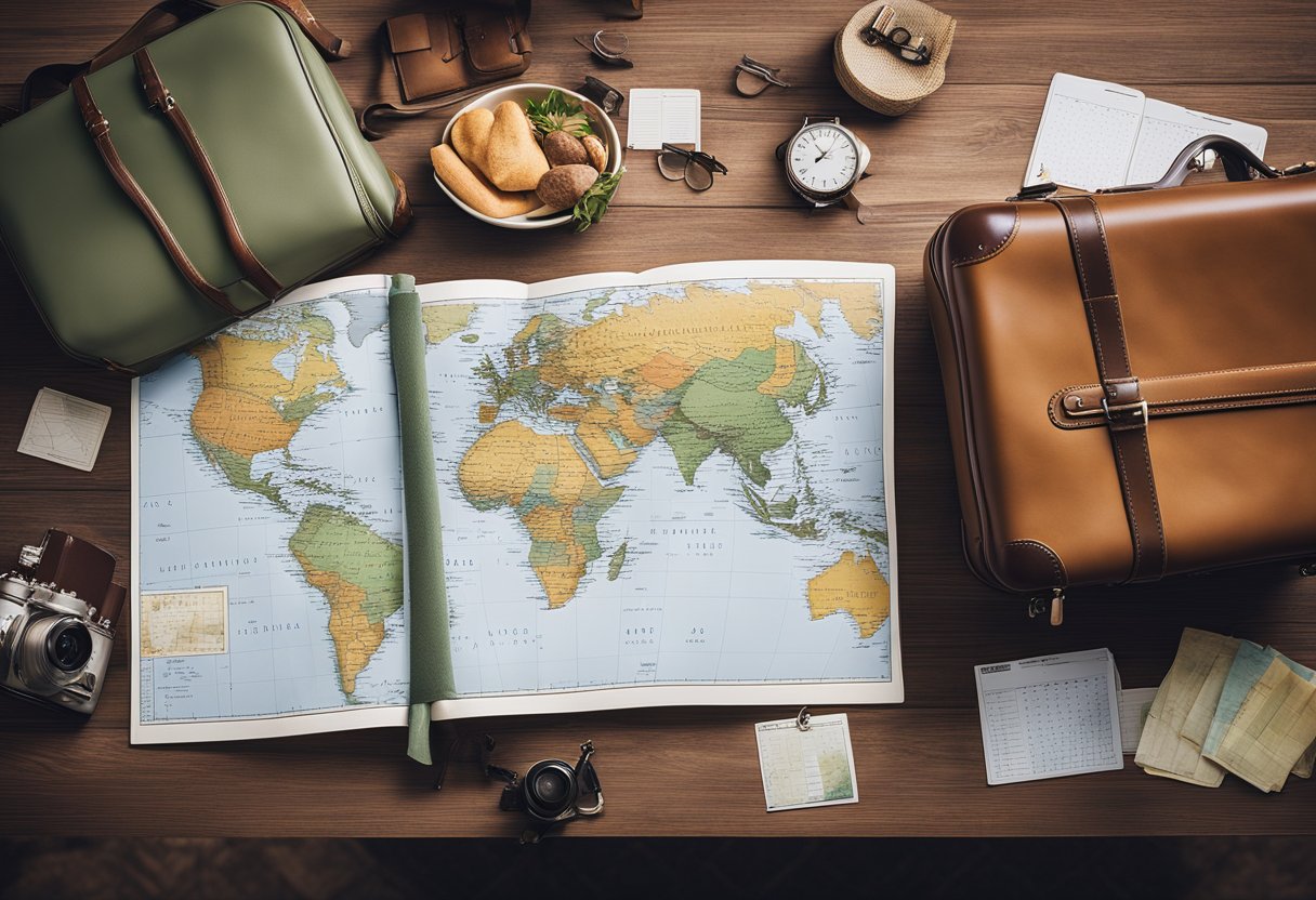 A map and calendar on a table, with destinations marked and dates circled. A suitcase half-packed with clothes and travel essentials. A secretive smile on the planner's face