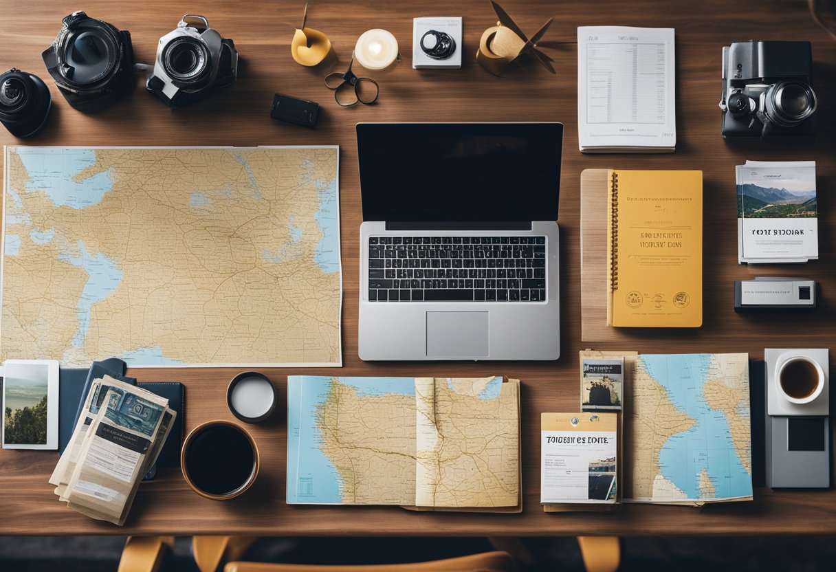 A table set with a map, tickets, and a gift, surrounded by travel guides and a laptop with a list of activities