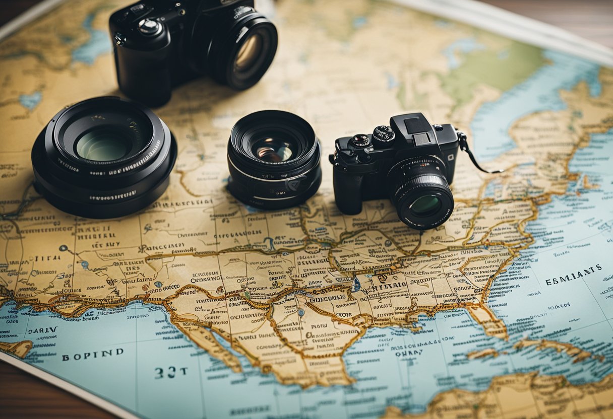 A map with destinations marked, a wrapped gift, and a camera on a table