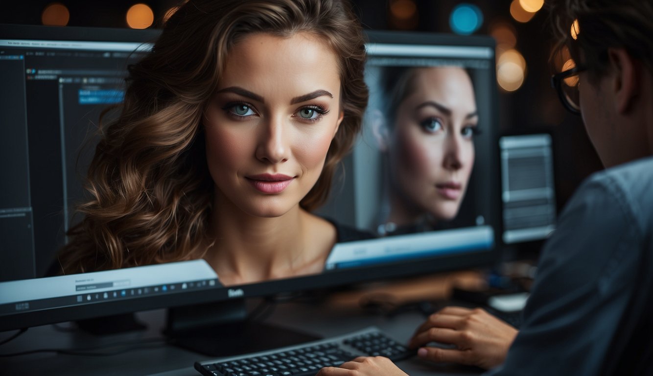 A computer screen with Photoshop open, showing a portrait photo with smoothed skin retouching tools being used