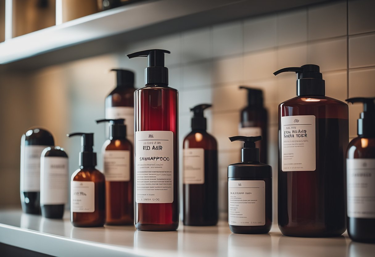 A bottle of red hair shampoo stands out on a bathroom shelf, surrounded by other hair care products. Its label proudly proclaims its importance for maintaining vibrant red hair