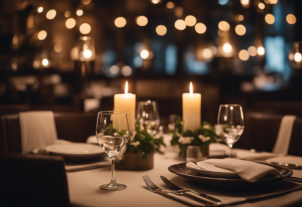 A cozy restaurant with dim lighting, elegant table settings, and a candlelit ambiance. Soft music plays in the background as couples enjoy intimate, romantic dinners