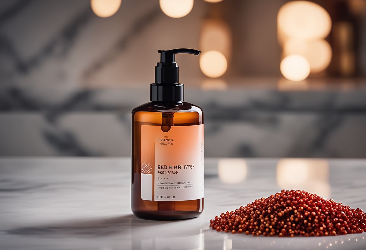 A bottle of "Red Hair Types" shampoo sits on a marble countertop, surrounded by vibrant red hair strands. A soft glow highlights the product label