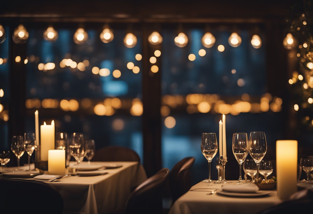 A cozy, dimly lit restaurant with elegant table settings and soft candlelight. A view of city lights twinkling in the distance adds to the romantic ambiance