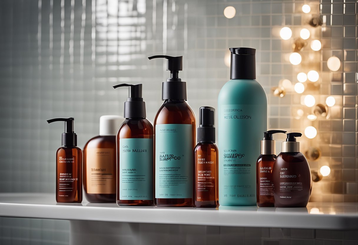 A bottle of red hair shampoo surrounded by hair care products on a bathroom shelf