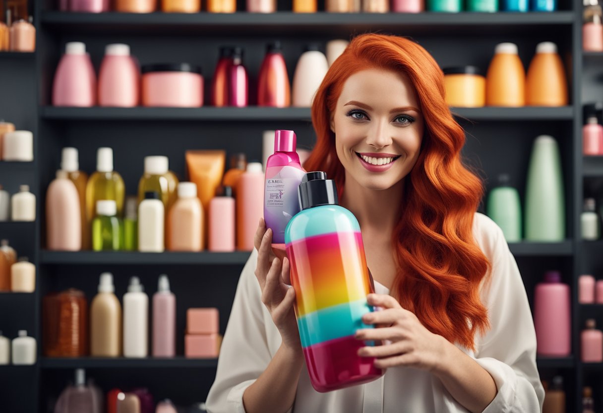 Uma mulher ruiva vibrante segura um frasco de xampu da moda, cercado por produtos coloridos para os cabelos