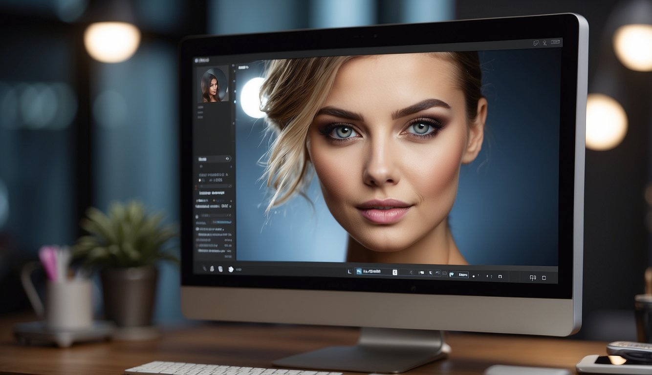 A computer screen displaying a photo of a face with smooth, flawless skin being retouched in Photoshop. Various editing tools and layers are visible on the screen