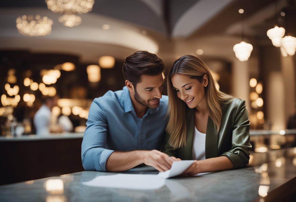 A couple reviewing hotel options, looking at amenities and location, making a list of priorities for their romantic getaway