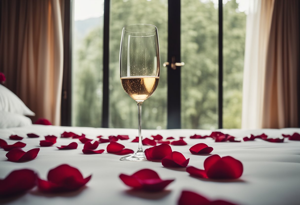 A cozy hotel room with a king-sized bed, soft lighting, and a bottle of champagne on ice. Rose petals scattered on the bed and a romantic view from the window