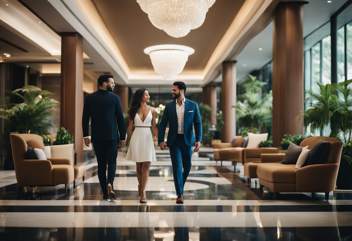 A couple walks through a luxurious hotel lobby, admiring the elegant decor and modern amenities. They pass by a cozy lounge area and a sparkling swimming pool, surrounded by lush greenery